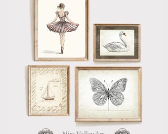 Vintage Nursery Print Set of 4, Vintage Nursery Printables, Gender Neutral Print, Antique Children's Poster Print