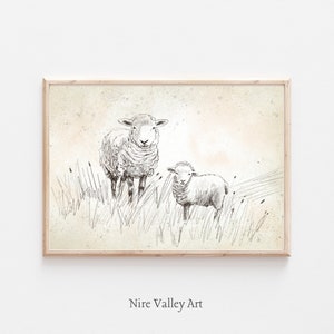 Vintage Lambs Sketch Prints, Rustic Farmhouse Art Decor, Sheep Wall Art Print, Nursery Prints, Country Core illustration