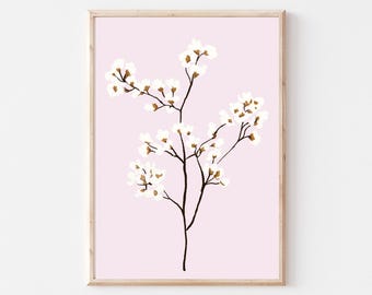 Vintage White Flower Print, Vintage Nursery Floral Wall Decor Sketch, botanical Gallery Wall Art, Fine Art Posters, Pink, Digital Download