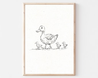 Vintage Ducks in a row  Print, Nursery Gallery Wall Printable, Gender Neutral Sketch , Farmhouse Nursery Illustration, Baby Room Decor