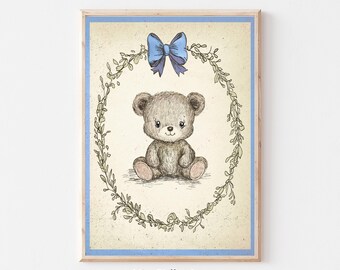 Vintage Nursery Toy Teddy Bear Sketch, Blue Bow Bear, Wall Art Printable, Vintage Illustration, Baby Room Decor