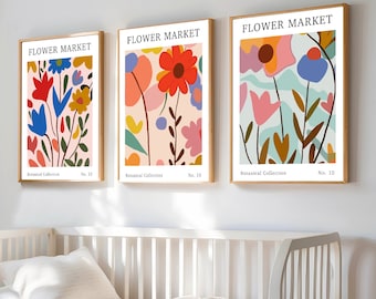 Flower Market Wall Art Print set of 3 , Boho Abstract Flowers poster, Floral Wall Art, Vintage Art Print