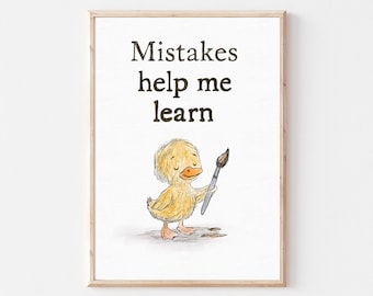 Póster "Los errores me ayudan a aprender", arte mural motivacional para niños, imprimible sobre mentalidad de crecimiento, decoración para aulas infantiles, ilustración con cita positiva