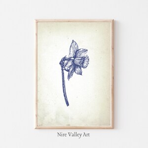 Vintage Floral Print, Blue Wall Decor, Daffodil Gallery Wall Art, Botanical Fine Art Posters, Neutral Sketch Art Prints, Digital Download