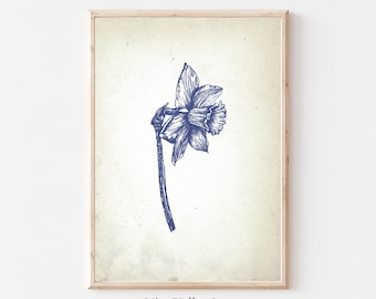 Impresión floral vintage, decoración de pared azul, arte de pared de galería de narcisos, carteles de bellas artes botánicas, impresiones de arte de bocetos neutros, descarga digital
