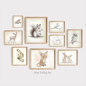 Nursery Woodland Animal Prints, Vintage Nursery Decor, Playroom Gallery Wall Art, Set of 9 Forest Animal Printables, Gender Neutral Decor