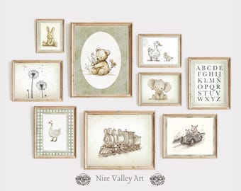 Láminas vintage en verde salvia para guardería, juego de 9 impresiones vintage para pared de galería, arte neutro para habitación de bebé, descarga digital