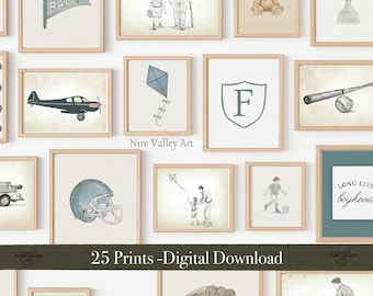 Vintage Boy Gallery Wall Set of 25, Blue Nursery Sports Prints, Boyhood Wall Art, Kids Room Decor, Playroom Prints, Digital Download