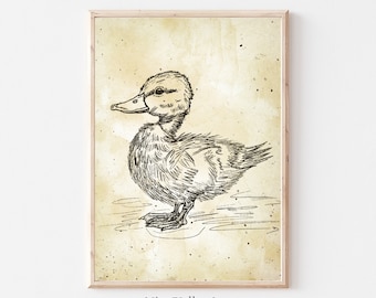 Vintage Duck Print, Nursery Gallery Wall Printable, Gender Neutral Sketch Art Print, Farmhouse Nursery Illustration, Baby Room Decor