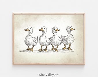 Vintage Ducks Print, Nursery Gallery Wall Printable, Gender Neutral Sketch , Farmhouse Nursery Illustration, Baby Room Decor
