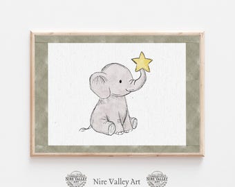 Arte de parede para berçário de elefante, estampa de bebê elefante verde-sálvia, decoração de animais de safári, ilustração fofa de elefante, pôster neutro para quarto infantil