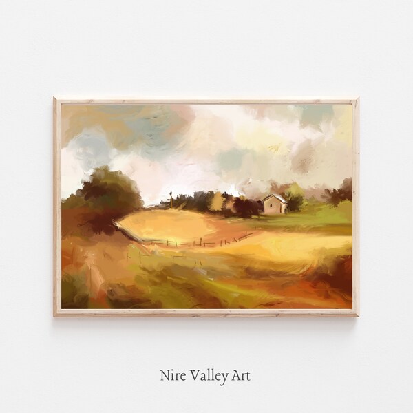 Vintage Landscape Oil Painting Printable, Field Landscape Wall Art Print, Vintage Country Field Digital Download