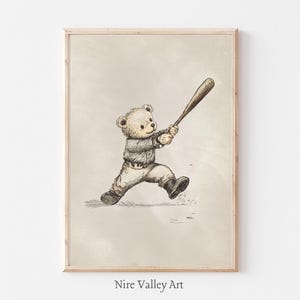 Nursery Baseball Print, Vintage  PRINTABLE Wall Art, Teddy Bear Art, Kids Sports Decor, Neutral Boy Nursery Prints, Kids Toddler Room Decor