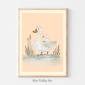 Vintage Mother Duck and Duckling Print, Nursery Gallery Wall Printable, Yellow Baby Sketch , Farmhouse Illustration, Baby Room Decor