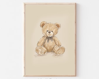 Dibujo de osito de peluche vintage para guardería, arte de pared neutro para imprimir, ilustración vintage, decoración de habitación de bebé