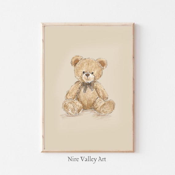 Vintage Nursery Toy Teddy Bear Sketch, Gender Neutral Wall Art