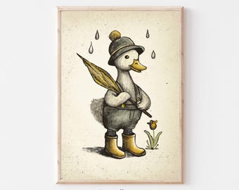 art mural vintage canard, chambre de bébé jaune, galerie murale imprimable, impression neutre, décoration de chambre de bébé, téléchargement numérique