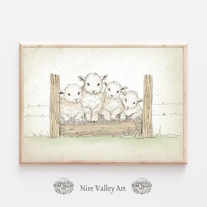 Vintage Lambs Sketch Prints, Rustic Farmhouse Art Decor, Sheep Wall Art Print, Nursery Prints, Country Core illustration