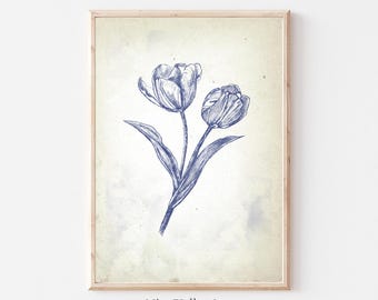 Impresión floral vintage, decoración de pared azul, arte de pared de galería de tulipanes, carteles de bellas artes botánicas, impresiones de arte de bocetos neutros, descarga digital
