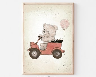 Impressão de urso de pelúcia vintage, impressão de carro de berçário, arte de parede neutra de gênero para impressão, ilustração vintage, esboço de decoração de quarto de bebê