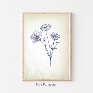 Vintage Floral Print, Blue Wall Decor, Wildflower Gallery Wall Art, Botanical Fine Art Posters, Neutral Sketch Art Prints, Digital Download