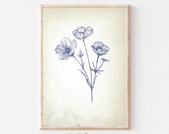 Impresión floral vintage, decoración de pared azul, arte de pared de la galería de flores silvestres, carteles de bellas artes botánicas, impresiones de arte de bocetos neutros, descarga digital