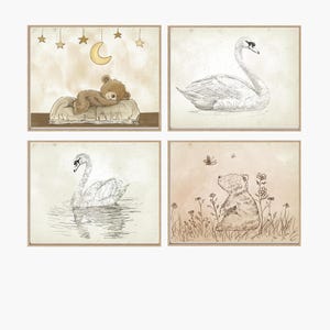 May include: Set of four nursery prints featuring illustrations of a bear sleeping on a cloud, a swan swimming in a lake, a bear sitting in a field of flowers, and a swan flying in the sky. The prints are in a vintage style with a light brown background.