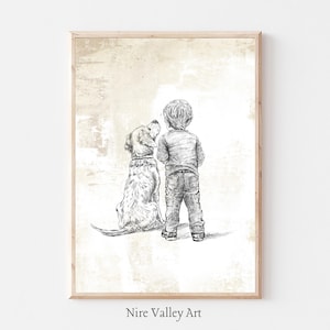May include: Black and white line drawing of a child and a dog looking up. The child is wearing a long-sleeved shirt and pants. The dog is a Labrador Retriever. The drawing is on a beige background.