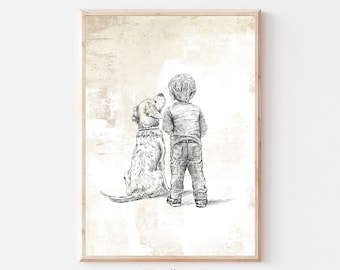 Jongen en hond vintage kinderkamer print, hond kinderkamer schets, hond kinderkamer print, neutrale kunst, hond tekening, hond kunst aan de muur, digitale download