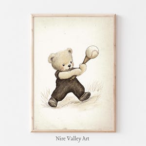 Teddy Bear Baseball Print, Vintage Nursery PRINTABLE Wall Art, Kids Sports Decor, Neutral Boy Nursery Prints, Kids Toddler Room Decor