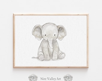 Arte de pared de elefante para guardería, impresión de elefante bebé, decoración de animales de safari, ilustración de elefante adorable, póster para habitación infantil de género neutro
