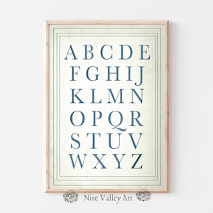 Vintage Blue Alphabet Nursery Print, Nursery Wall Art Prints , Gallery Wall PRINTABLE, Neutral Nursery Sketch, Digital Download, ABC&#39;s Print