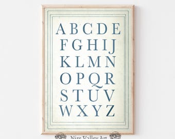 Vintage Blue Alphabet Nursery Print, Nursery Wall Art Prints , Gallery Wall PRINTABLE, Neutral Nursery Sketch, Digital Download, ABC's Print