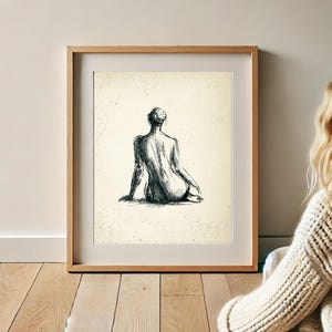 May include: A black and white line drawing of a person sitting with their back to the viewer. The drawing is on a cream-colored background.