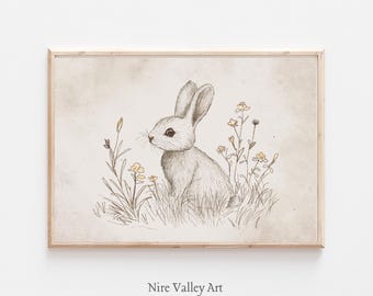 Vintage Bunny Rabbit Print, Nursery Gallery Wall Printable, Gender Neutral Sketch , Farmhouse Nursery Illustration, Baby Toddler Room Decor