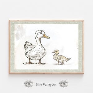 Vintage Mutter Ente und Baby Ente Druck, salbeigrün Kindergarten Galerie Wand druckbare, Baby Skizze, Bauernhaus Illustration, Baby Zimmer Dekor