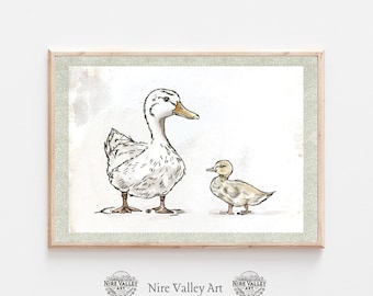 Vintage Mother Duck and baby Duck Print, Sage Green Nursery Gallery Wall Printable, Baby Sketch , Farmhouse Illustration, Baby Room Decor