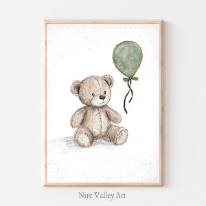 Vintage Nursery Gallery Wall Printable, Vintage Teddy Bear Sketch  Print, Teddy and Balloon, Sage Green Baby room Decor, Digital Download