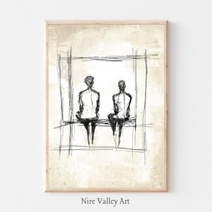 Two Figures Sitting Sketch, Vintage Minimalist Printable, Drawing Print, Neutral Fine Art, Abstract Line Art, Digital Download