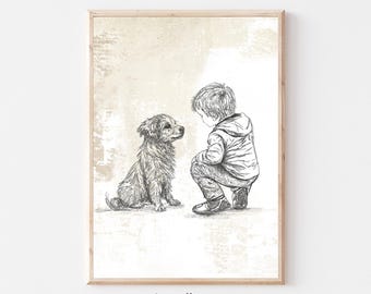 Jongen en hond vintage kinderkamer print, hond kinderkamer schets, hond kinderkamer print, neutrale kunst, hond tekening, hond kunst aan de muur, digitale download