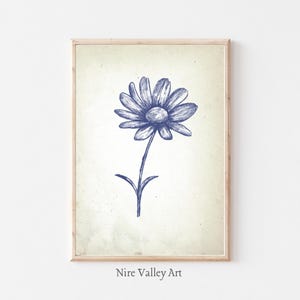 Vintage Daisy Print, Blue Wall Decor, Floral Gallery Wall Art, Botanical Fine Art Posters, Neutral Sketch Print, Digital Download