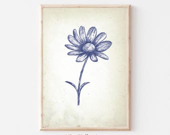 Impresión de margaritas vintage, decoración de pared azul, arte de pared de galería floral, carteles de bellas artes botánicas, impresión de boceto neutro, descarga digital