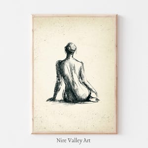 May include: A black and white line drawing of a person sitting with their back to the viewer. The drawing is on a textured, off-white background.