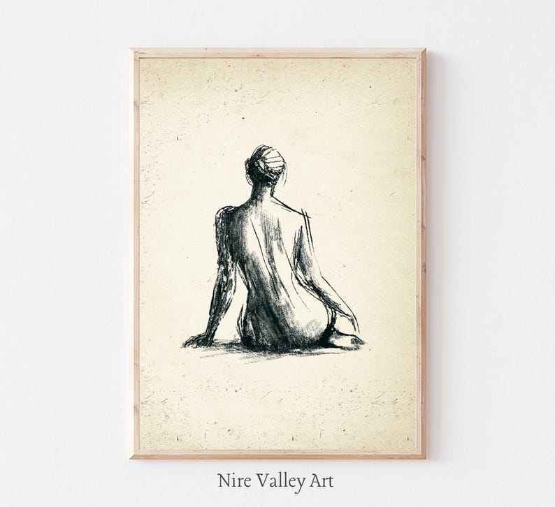 May include: A black and white line drawing of a person sitting with their back to the viewer. The drawing is on a textured, off-white background.