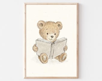 Teddy Bear Sketch , Vintage Nursery Toy Print, Gender Neutral Wall Art Printable, Vintage Illustration, Baby Room Decor, Teddy Book Print