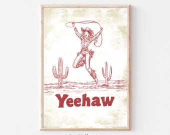 Western Wall Art Print, Retro YEEHAW Printable, Vintage  Pink Western Horse Wall Art Decor, Rustic Trendy Cowgirl Prints, Digital Download