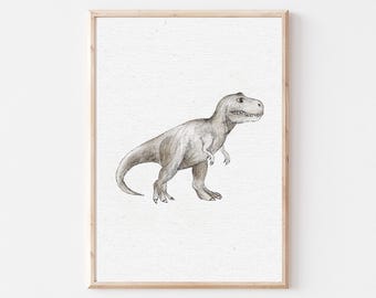 Arte mural de dinosaurio T-Rex, imprimible para habitación de niño, decoración infantil de dinosaurios, impresión infantil de dinosaurios neutros, póster de dinosaurios prehistóricos