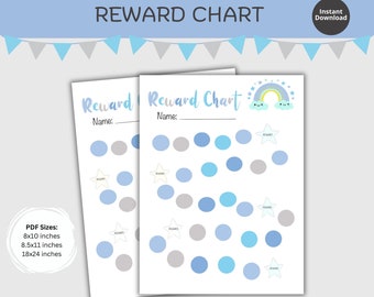 May include: Printable reward chart with a rainbow and clouds design. The chart has two sections with a space for a name and 20 circles to color in. The chart is available in three sizes: 8x10 inches, 8.5x11 inches, and 18x24 inches.