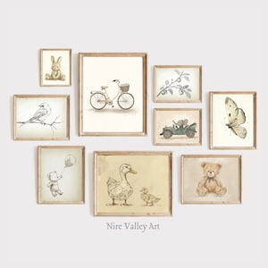 Vintage Nursery Gallery Wall Printables, Set of  9 Vintage Prints,Gender Neutral Baby room Art, Digital Download