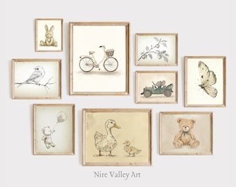 Imprimibles de pared de galería de guardería vintage, conjunto de 9 impresiones vintage, arte de habitación de bebé de género neutro, descarga digital